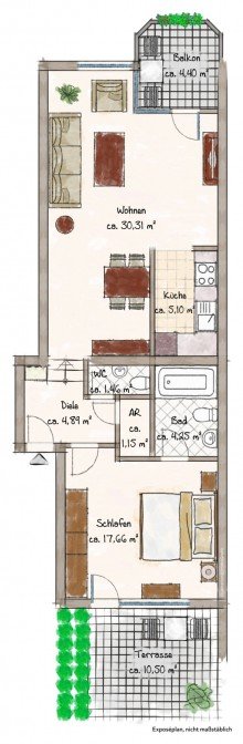 Grundriss CHARMANTE 2-ZIMMER-WOHNUNG MIT BALKON UND EINBAUK�CHE IN MEERBUSCH-B�DERICH ZU VERMIETEN...