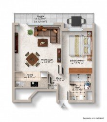 Grundriss BEREITS FREI: 2-ZIMMER-WOHNUNG MIT WEITBLICK UND TIEFGARAGENPLATZ IN KAARST-NORD ZU VERKAUFEN...
